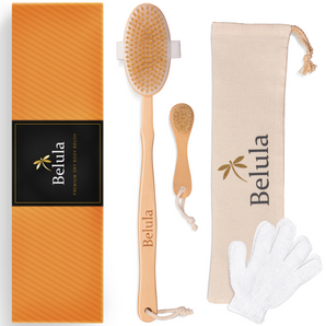 Belula Dry Brushing Body Brush Set - Natural Boar Bristle Body Brush, Exfoliating Face Brush & Bath Gloves - Ideal Dry Skin Brush for Lymphatic Drainage & Healthy Glowing Skin!