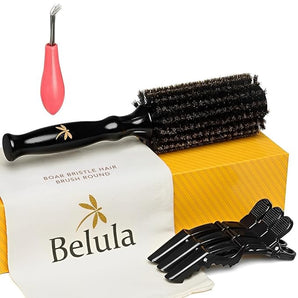 Belula 100% ソフトイノシシ毛 ラウンドブラシ（ブロー用セット）。2.4インチの大型木製バレルを備えたラウンドヘアブラシ。髪にボリュームとハリを与えるのに最適なヘアブラシ。ヘアクリップ3個とトラベルバッグが無料付属