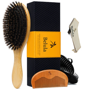 Belula Boar Bristle Hair Brush Set for Men - Soft Mens Hair Brush for Thin, Normal & Short Hair - Includes Wooden Comb, 2 Palm Brushes & Travel Bag - Best Hair Brushes for Men!