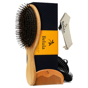 Belula Men's Hair Grooming Set: Boar Bristle Brush, Nylon Pin Brush, Wooden Comb, and Travel Bag for Styling