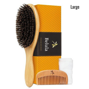 100% Boar Bristle Hair Brush for Women Set by Belula (L Size). Soft Natural Bristles for Thin and Fine Hair. Wooden Comb, Travel Bag and Spa Headband Included!